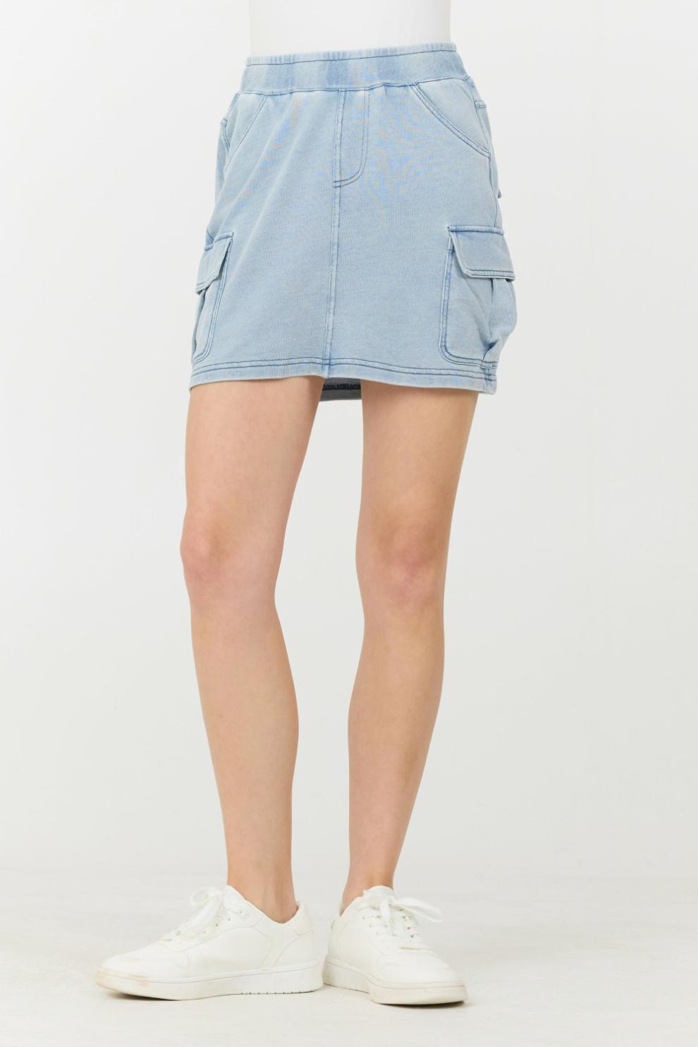 Vintage Havana All Bottoms | Women Washed Denim Terry Fleece Cargo Skirt Washed Denim