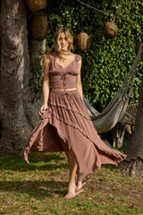 Vintage Havana All Bottoms | Women Washed Mocha Rayon Crinkle Ruffle Maxi Skirt Washed Mocha