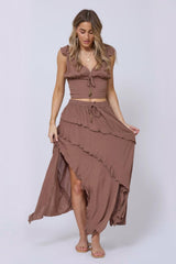 Vintage Havana All Bottoms | Women Washed Mocha Rayon Crinkle Ruffle Maxi Skirt Washed Mocha