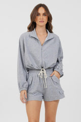 Vintage Havana Casual Tops | Women Heather Grey Bounded Textured Jersey Zip Up W/ Tie Heather Grey