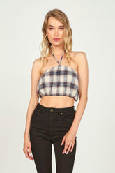 Vintage Havana Casual Tops | Women Sand/Navy Plaid Flannel Halter Bandeau Sand/navy