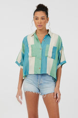 Vintage Havana Casual Tops | Women Teal Green & Metallic Stripe Lightweight Button Up Teal Green