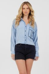 Vintage Havana Casual Tops | Women Washed Denim Tencel Cropped Button Up Washed Denim