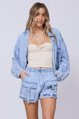Vintage Havana Casual Tops | Women Washed Denim Tencel Cropped Button Up Washed Denim