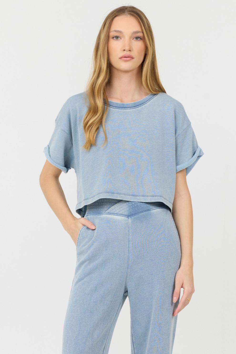 Vintage Havana Casual Tops | Women Washed Denim Terry Fleece Cropped Shirt Washed Denim