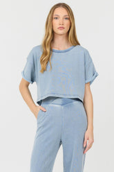 Vintage Havana Casual Tops | Women Washed Denim Terry Fleece Cropped Shirt Washed Denim