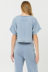 Vintage Havana Casual Tops | Women Washed Denim Terry Fleece Cropped Shirt Washed Denim