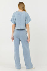 Vintage Havana Casual Tops | Women Washed Denim Terry Fleece Cropped Shirt Washed Denim