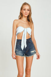 Vintage Havana Casual Tops | Women Washed Denim Tie Front Bandeau Top Washed Denim