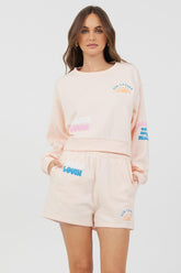 Vintage Havana Hoodies | Women Peach Parfait W/ Multi Puff Print Surf Wash Crewneck Peach Parfait