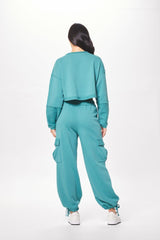 Vintage Havana Hoodies | Women Teal Green Terry Cargo Fleece Crewneck Teal Green