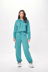 Vintage Havana Hoodies | Women Teal Green Terry Cargo Fleece Hoodie Teal Green