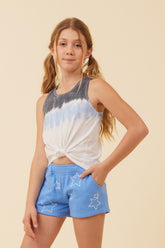 Vintage Havana Kids Tops | Women Summer Blue/White/Charcoal Tie Dye Tank W/ Embroidered Stars Summer Blue/white/charcoal Tie Dye