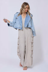Vintage Havana Outerwear | Women Light Wash Denim Cropped Moto Jacket Light Wash