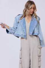 Vintage Havana Outerwear | Women Light Wash Denim Cropped Moto Jacket Light Wash