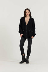Vintage Havana Sweaters | Women Black Long Zip Front Utility Cardigan Black