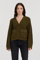 Vintage Havana Sweaters | Women Deep Olive Fitted Utilty Cardigan Deep Olive