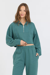 Vintage Havana Sweatshirts | Women College Green Cotton Blend Fleece Quarter Zip Rib Neck Green