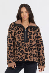 Vintage Havana Sweatshirts | Women Leopard Print Sherpa Quarter Zip Leopard