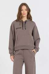 Vintage Havana Sweatshirts | Women Taupe Grey Fleece Hood Flocking Detail Taupe Grey