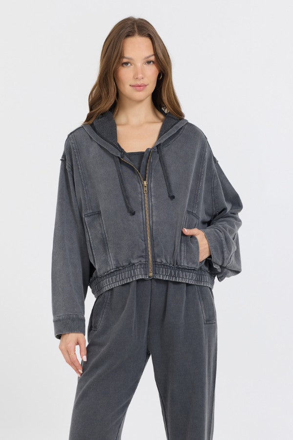 Vintage Havana Sweatshirts | Women Washed Charcoal Garment Dye French Terry Zip Up Hoodie Charcoal