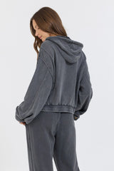 Vintage Havana Sweatshirts | Women Washed Charcoal Garment Dye French Terry Zip Up Hoodie Charcoal