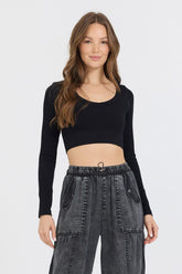 Vintage Havana Tees | Women Black Seamless Long Sleeve V Neck Black