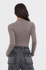 Vintage Havana Tees | Women Washed Taupe Seamless Mock Neck Top Washed Taupe