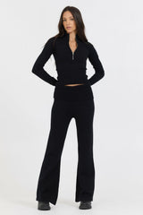Vintage Havana Wide Leg Pants | Women Black Slim Fit Knit Fold Over Flare Pant Black