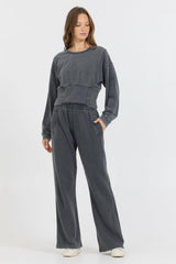 Vintage Havana Wide Leg Pants | Women Washed Charcoal Garment Dye French Terry Flare Pant Charcoal