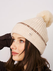 Vintage Havana Winter Hats | Women RIBBED POMPOM BEANIE - IVORY/TAN Ivory/tan