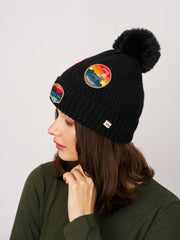 Vintage Havana Winter Hats | Women RIBBED POMPOM BEANIE WITH LAKE TAHOE PATCH - BLACK Black