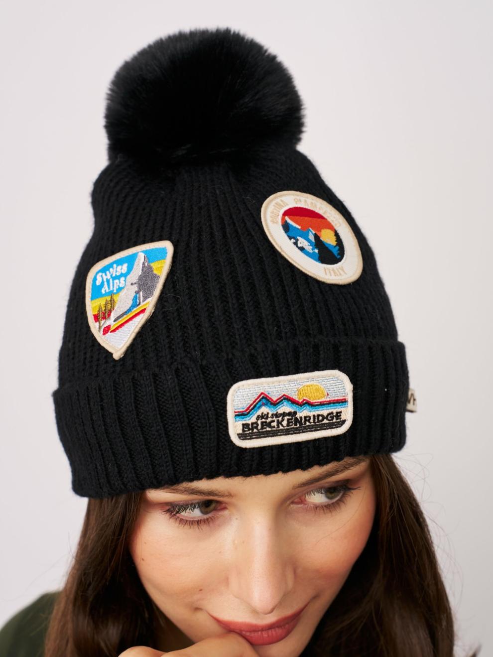 Vintage Havana Winter Hats | Women RIBBED POMPOM BEANIE WITH SWISS ALP PATCH - BLACK Black