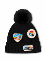 Vintage Havana Winter Hats | Women RIBBED POMPOM BEANIE WITH SWISS ALP PATCH - BLACK Black
