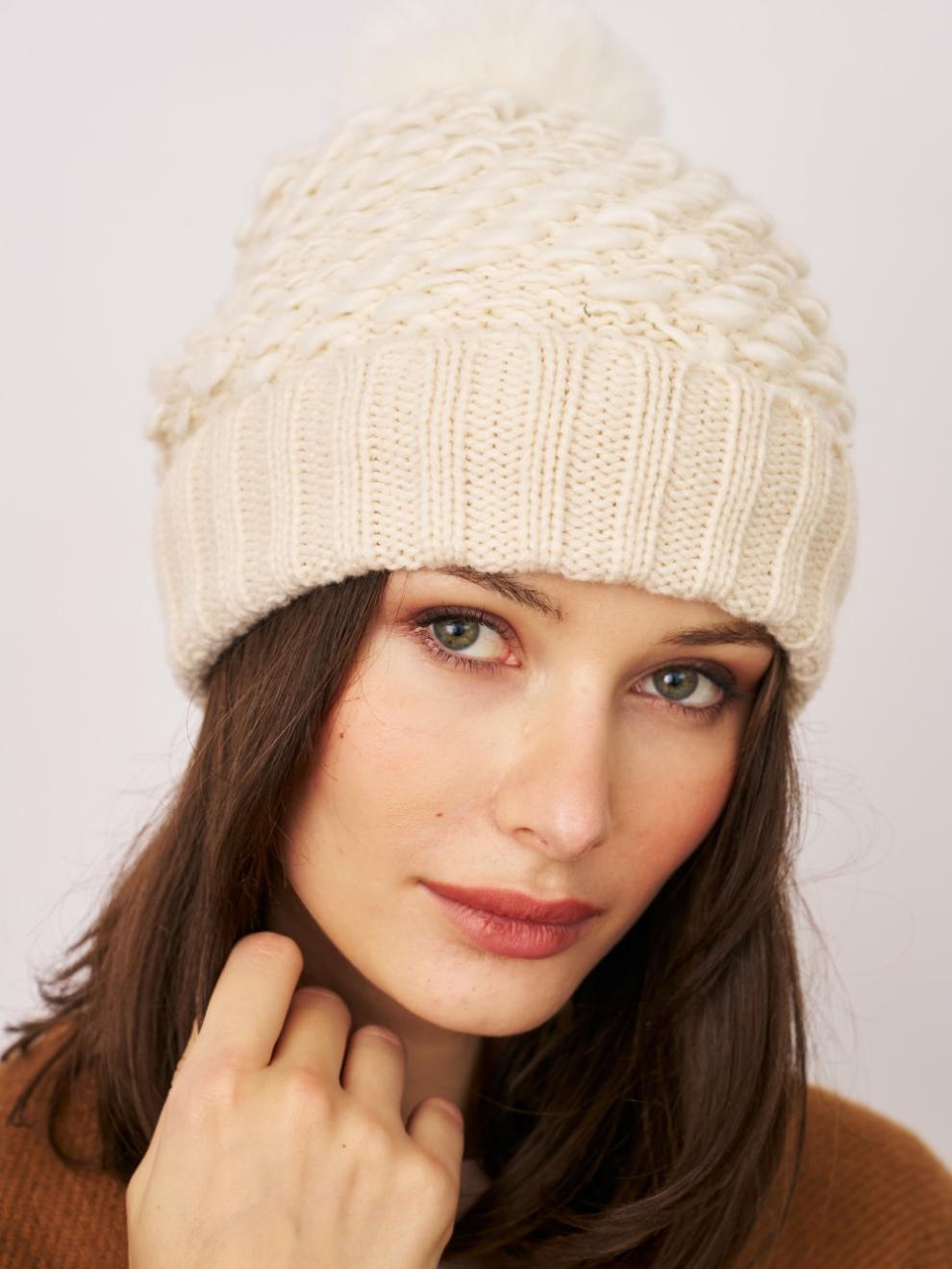Vintage Havana Winter Hats | Women TURN UP POMPOM HAT - CREAM Cream