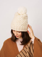 Vintage Havana Winter Hats | Women TURN UP POMPOM HAT - CREAM Cream