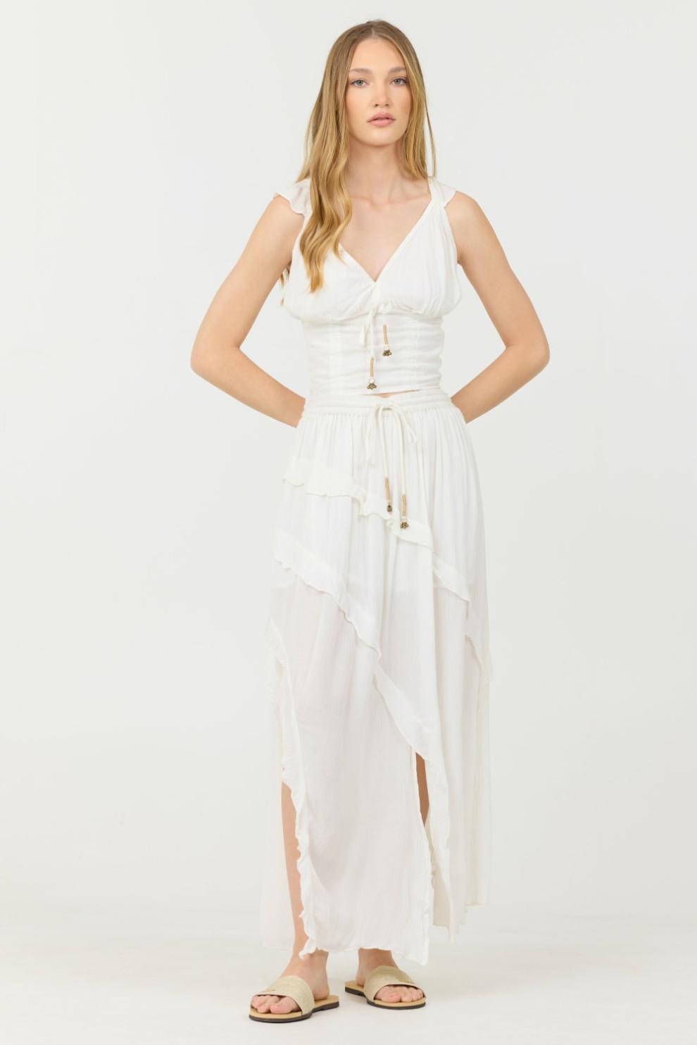 Vintage Havana All Bottoms | Women Clean White Rayon Crinkle Ruffle Maxi Skirt Clean White