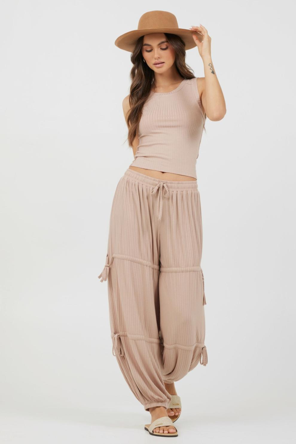 Vintage Havana All Bottoms | Women Nude Wide Rib Loose Fit Tie Pants Nude