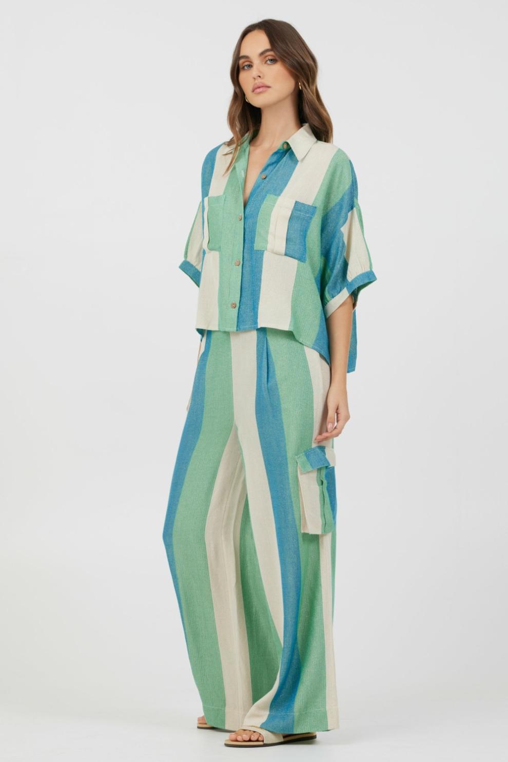 Vintage Havana All Bottoms | Women Teal Green &amp; Metallic Stripe Lightweight Pants Teal Green