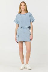 Vintage Havana All Bottoms | Women Washed Denim Terry Fleece Cargo Skirt Washed Denim