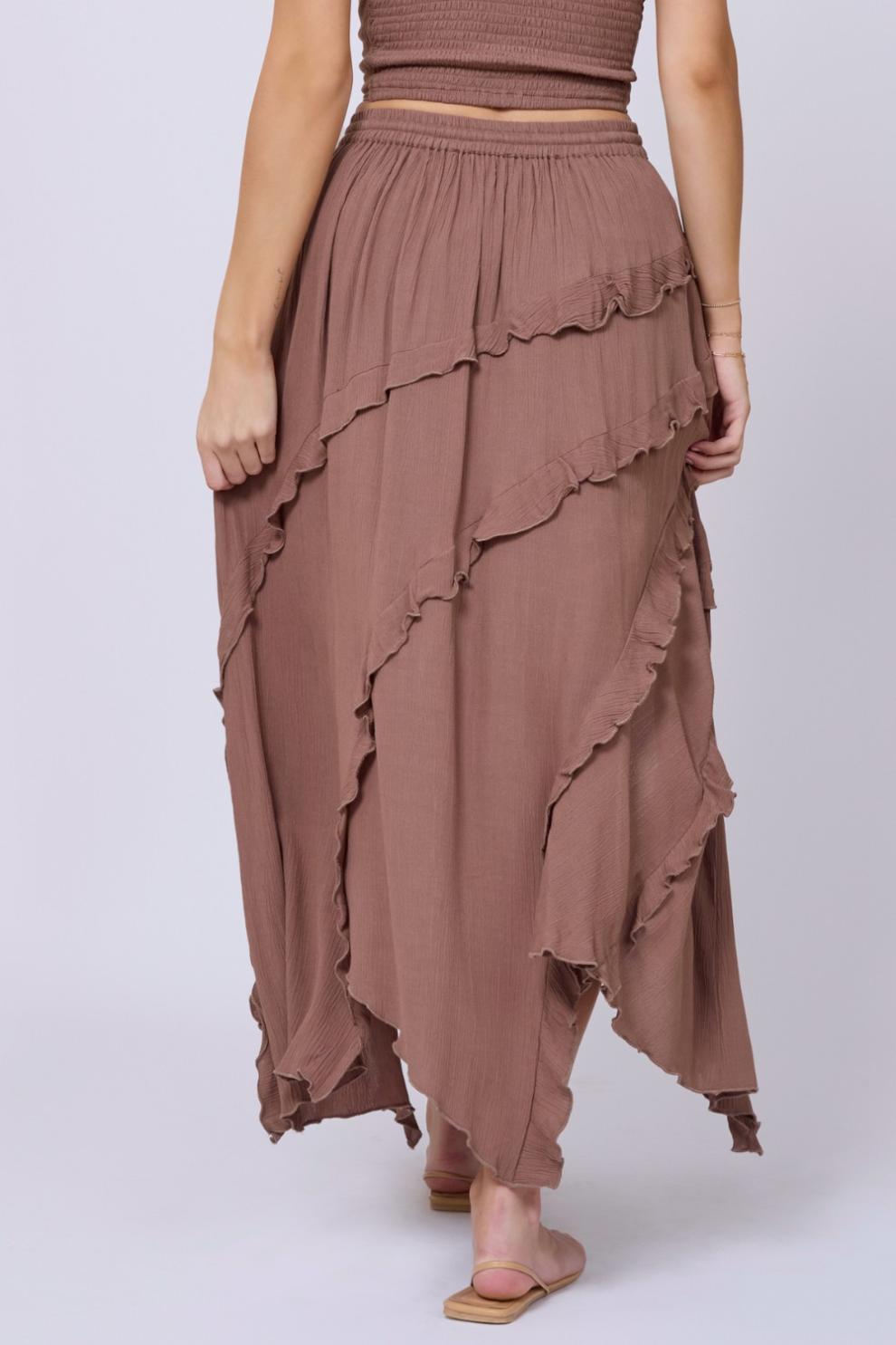 Vintage Havana All Bottoms | Women Washed Mocha Rayon Crinkle Ruffle Maxi Skirt Washed Mocha