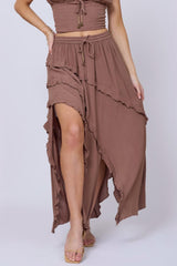 Vintage Havana All Bottoms | Women Washed Mocha Rayon Crinkle Ruffle Maxi Skirt Washed Mocha