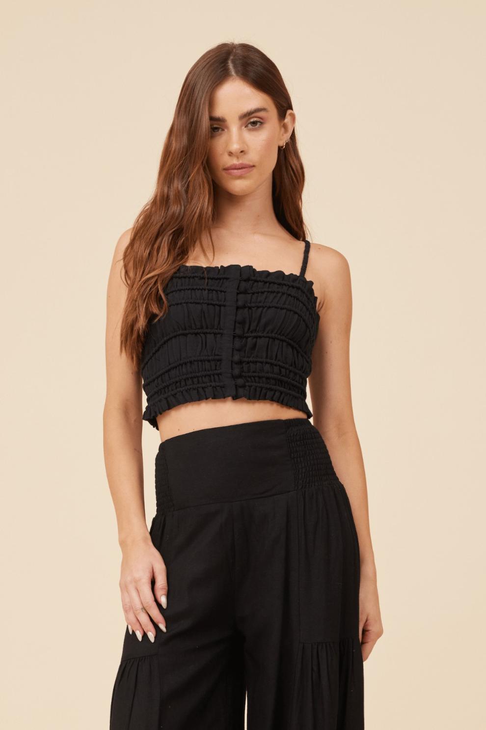 Vintage Havana Casual Tops | Women Black Cotton Voille Front Button Tank Black