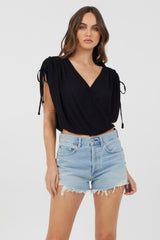 Vintage Havana Casual Tops | Women Black Rayon Crinkle Surplice Top Black