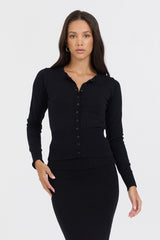 Vintage Havana Casual Tops | Women Black Slim Fit Knit Button Down Black