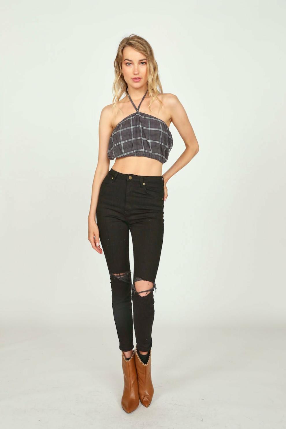 Vintage Havana Casual Tops | Women Grey Plaid Flannel Halter Bandeau Grey