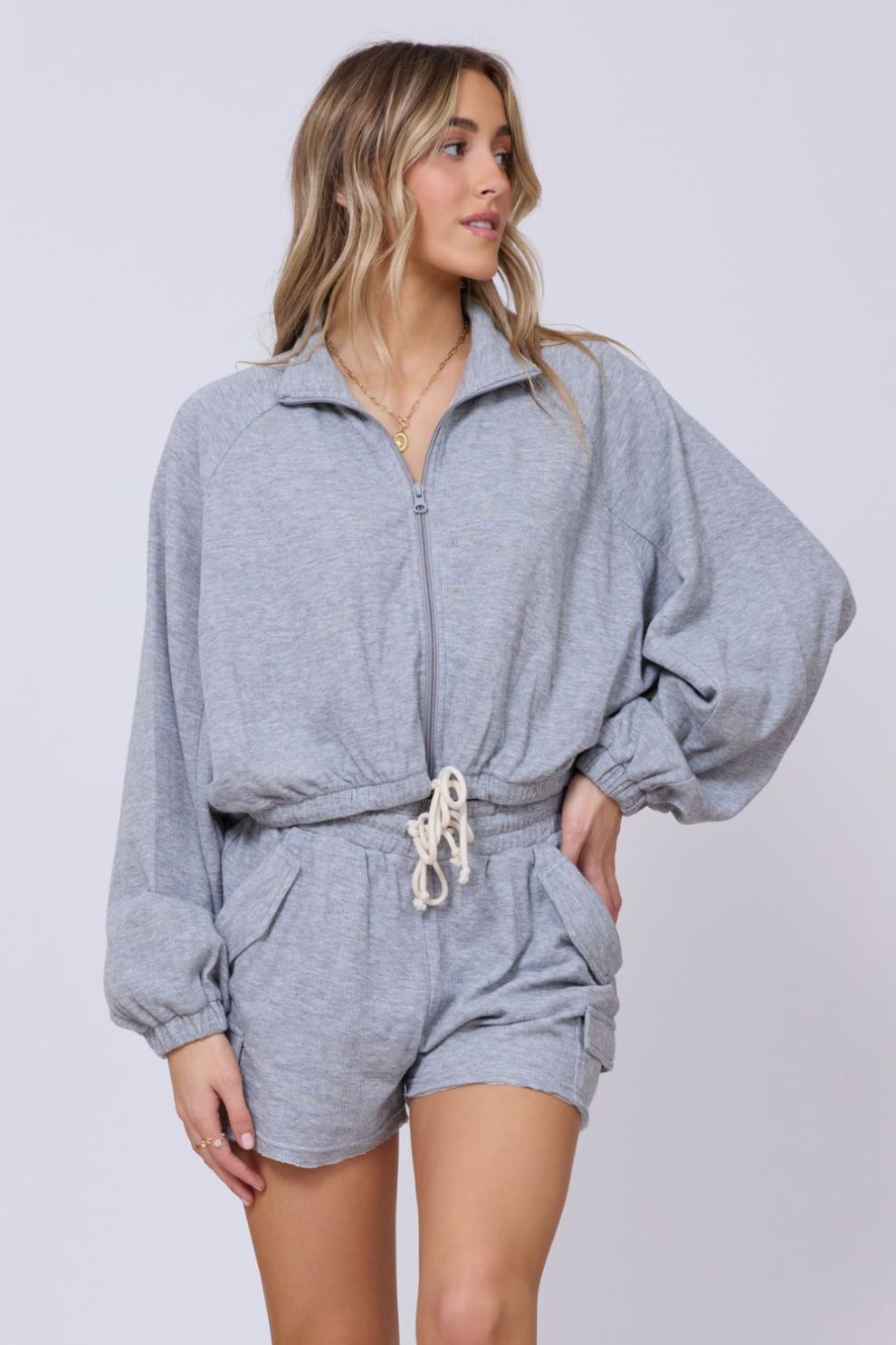 Vintage Havana Casual Tops | Women Heather Grey Bounded Textured Jersey Zip Up W/ Tie Heather Grey