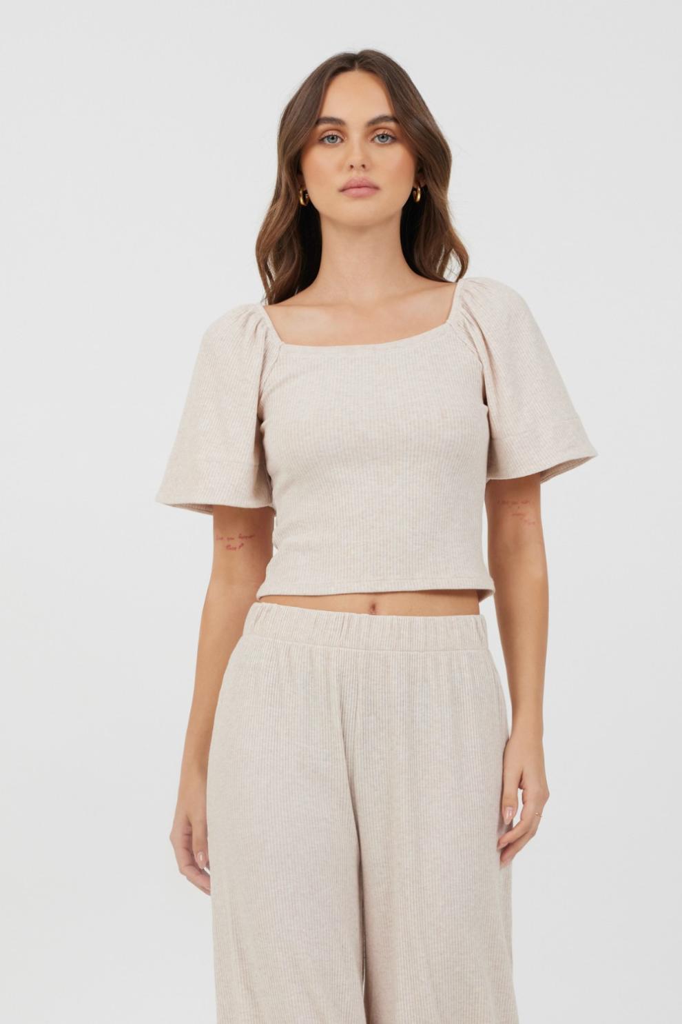 Vintage Havana Casual Tops | Women Heather Oatmeal Drapey Knit Puff Sleeve Top Heather Oatmeal