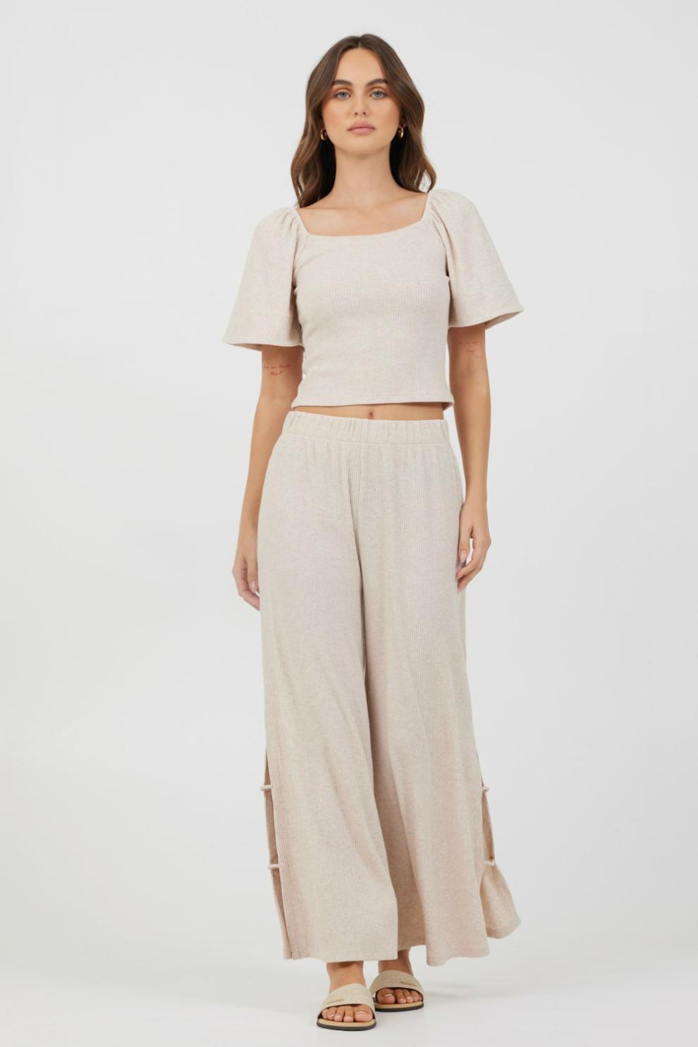Vintage Havana Casual Tops | Women Heather Oatmeal Drapey Knit Puff Sleeve Top Heather Oatmeal