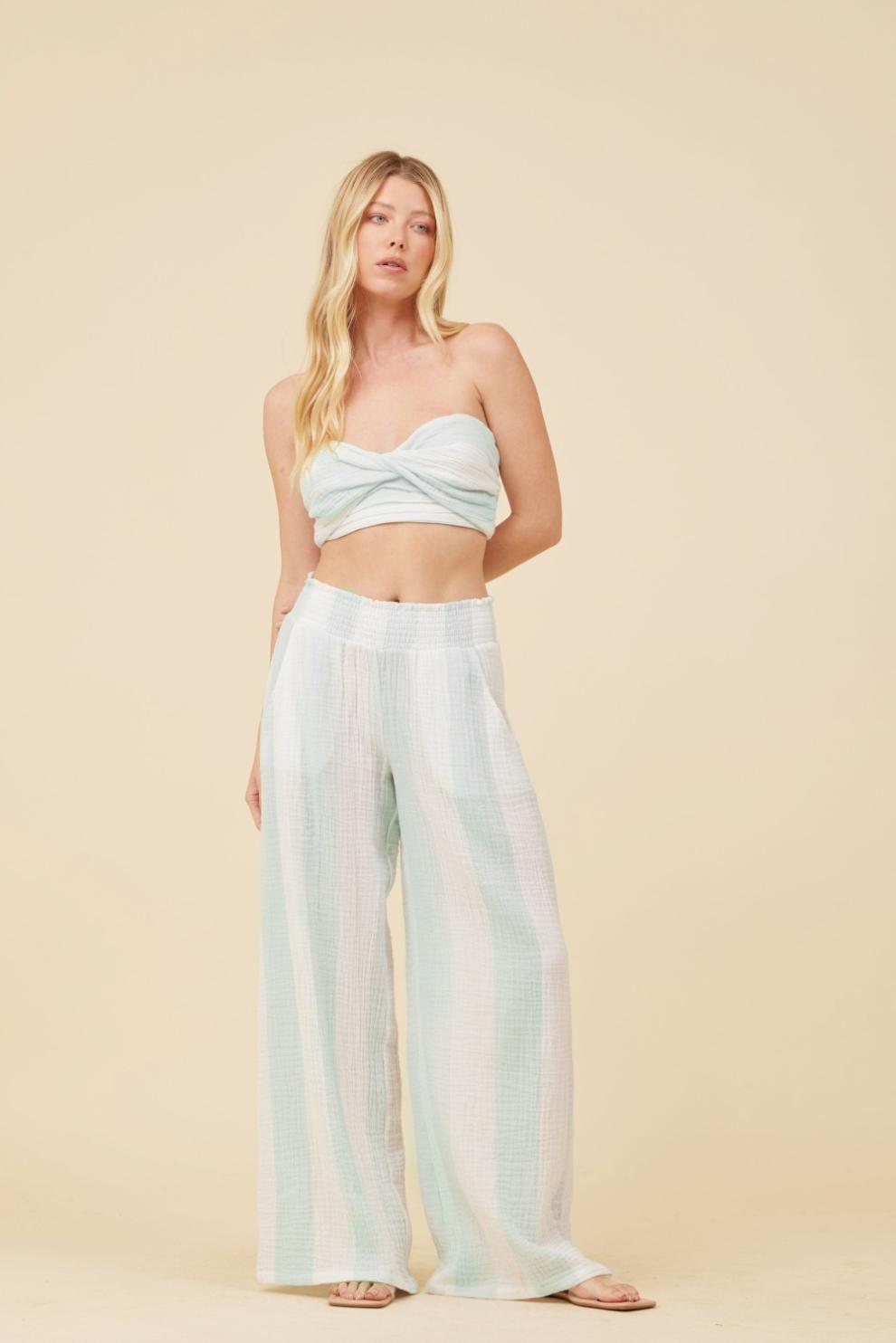 Vintage Havana Casual Tops | Women Mint &amp; White Cabana Stripe Gauze Bandeau Crop Top Mint / White